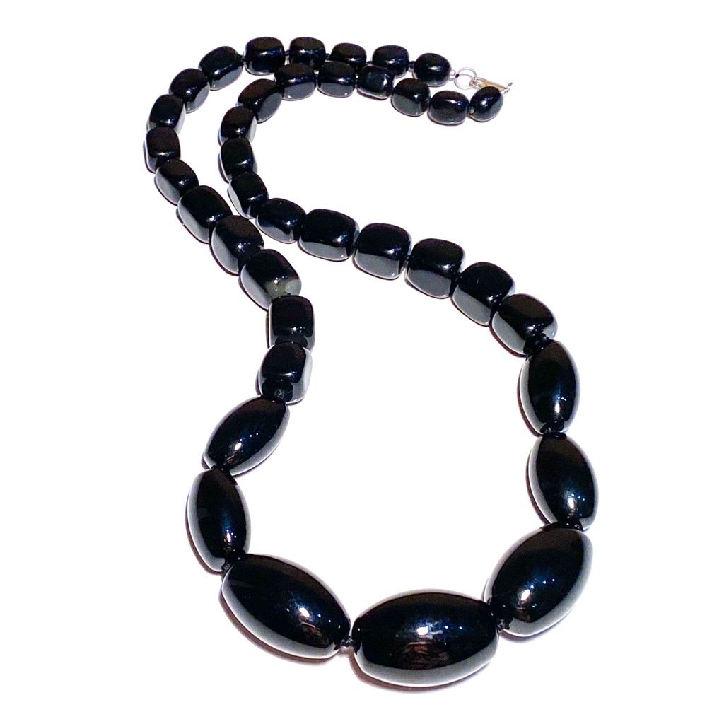 Heavy Chunky Ail 925 Sterling Beaded Barrel Onyx Gemstone Necklace